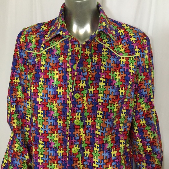 Burning Man EDM Rainbow Puzzle Dress Shirt Men S - Picture 2 of 8